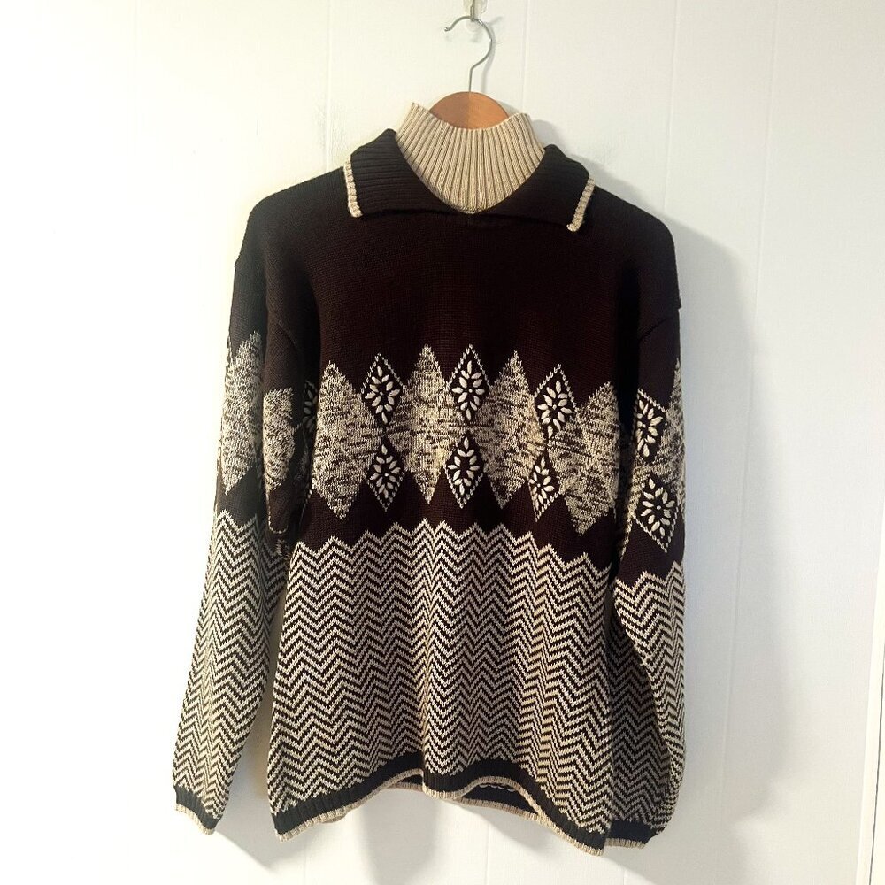 NILS Rare Vintage Tan and Brown Nordic Fair Isle Ski Sweater, Size Large